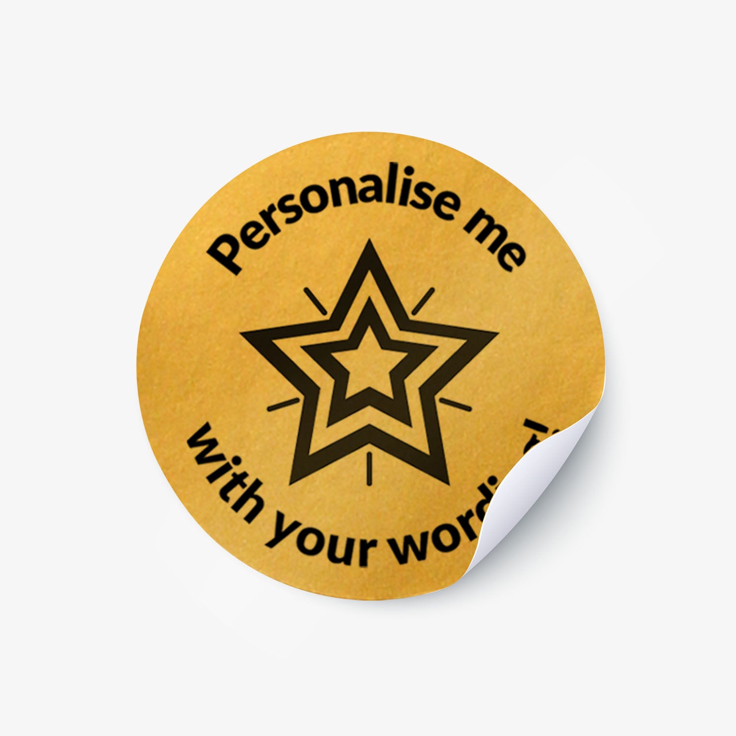 Single gold stickers with a black star in the middle and text 