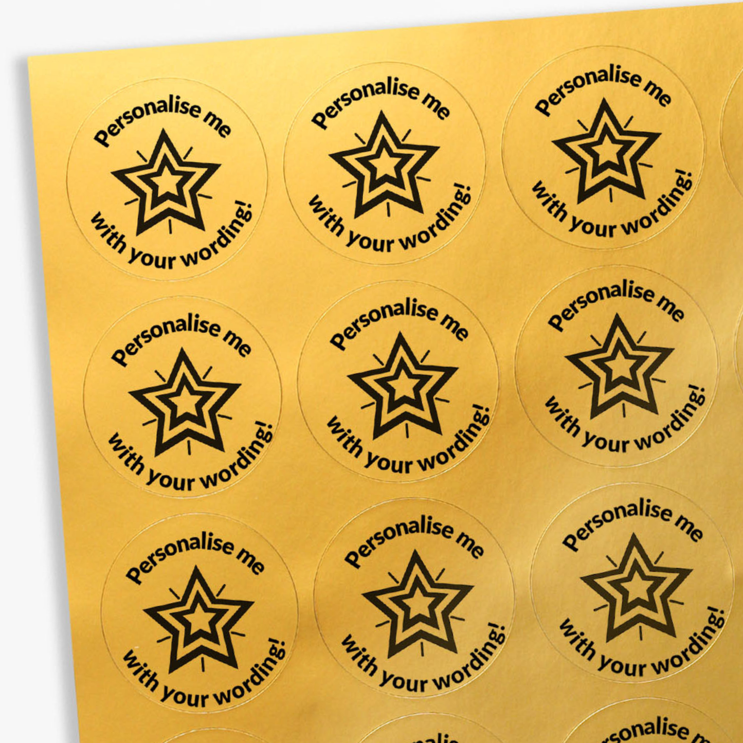 Round stickers with star design and text on a gold background