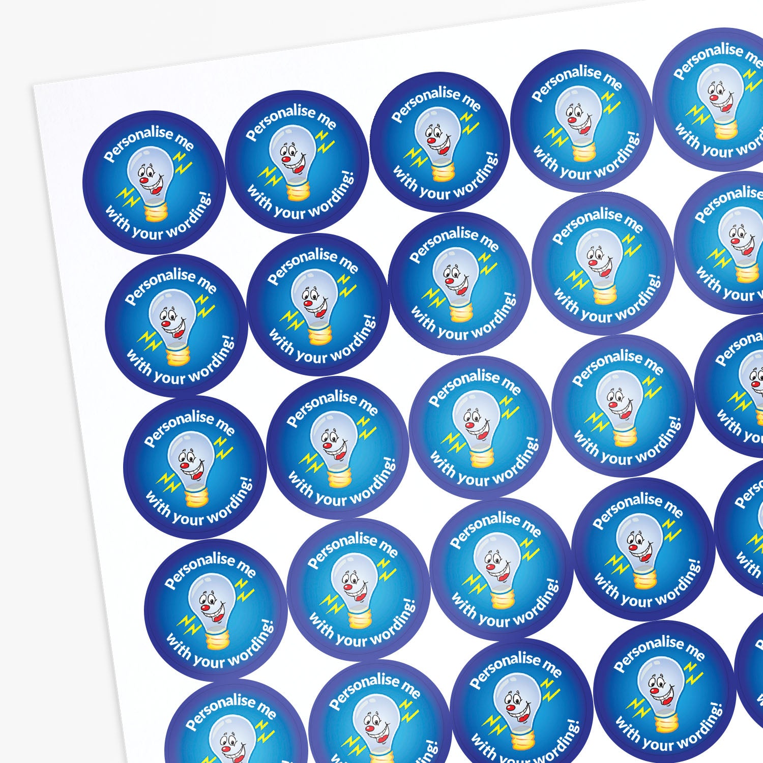 Sheet of blue circular sticker with a lightbulb character and text 