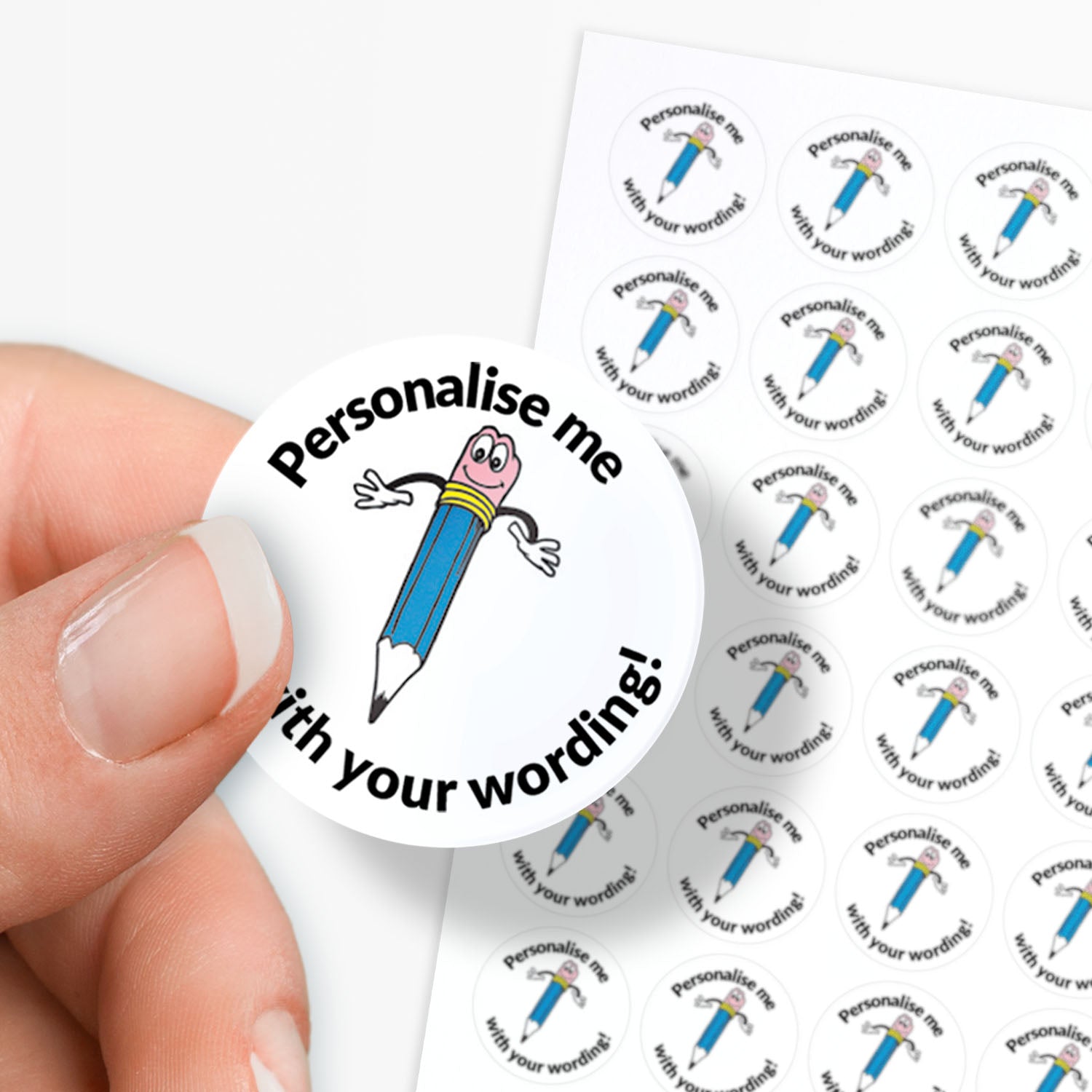 Sticker with a pencil graphic and text 'Personalise me with your wording!' held by a hand, with multiple identical stickers in the background.