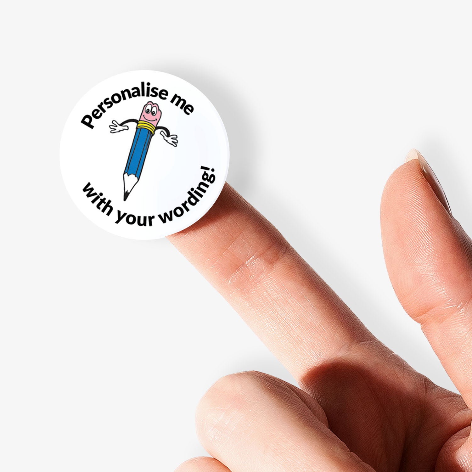 White sticker on a finger with a smiling blue pencil as a central image.  Space for personalisation above and below the image.