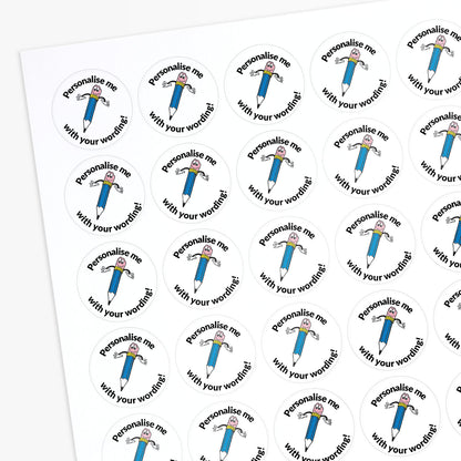 White stickers with a smiling blue pencil as a central image.  Space for personalisation above and below the image.
