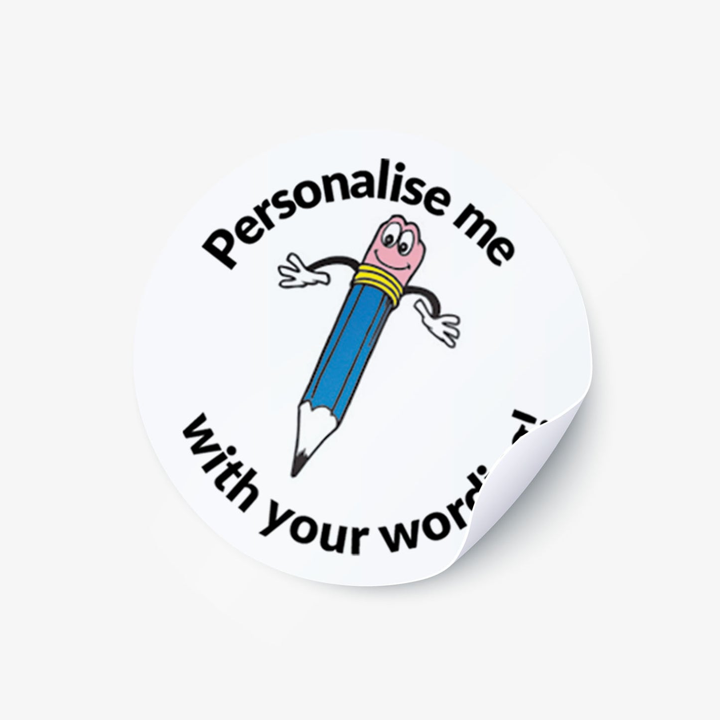 White sticker with a smiling blue pencil as a central image.  Space for personalisation above and below the image.