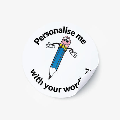 White sticker with a smiling blue pencil as a central image.  Space for personalisation above and below the image.