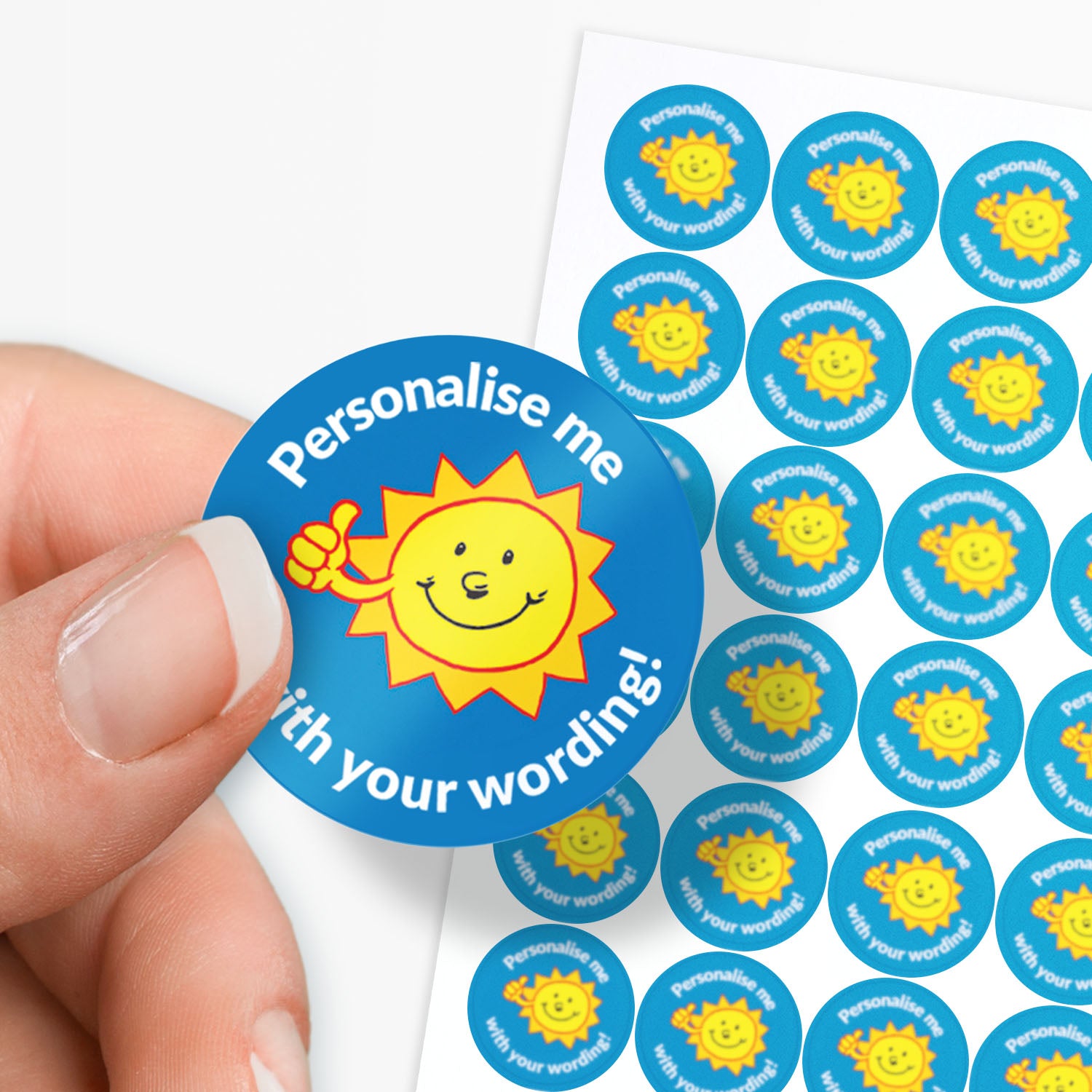 Blue stickers with a smiling sun as a central image.  Space for personalisation above and below the image.