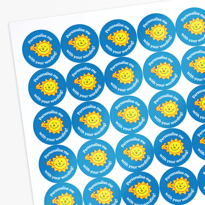 Blue stickers with a smiling sun as a central image.  Space for personalisation above and below the image.