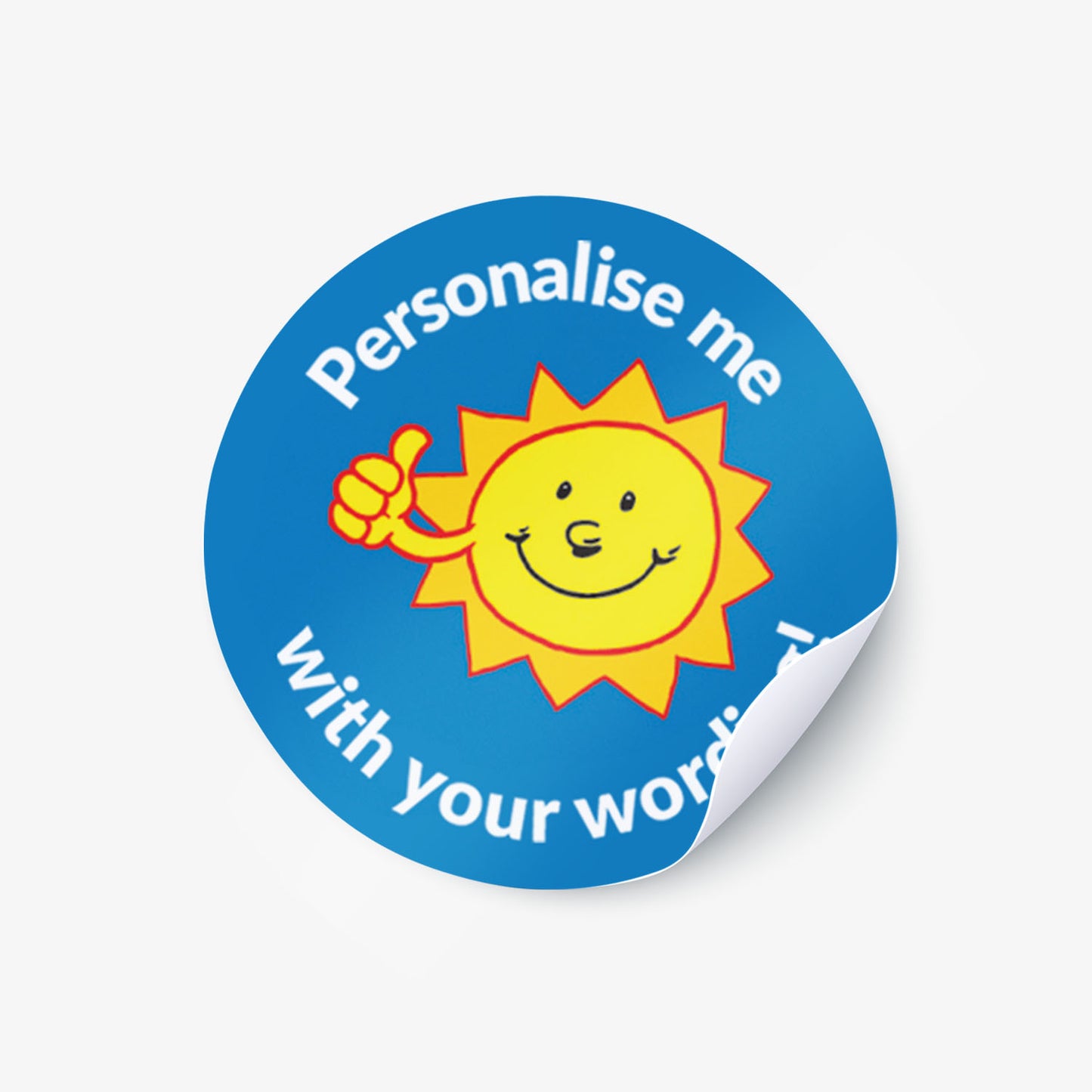 Blue sticker with a smiling sun as a central image.  Space for personalisation above and below the image.