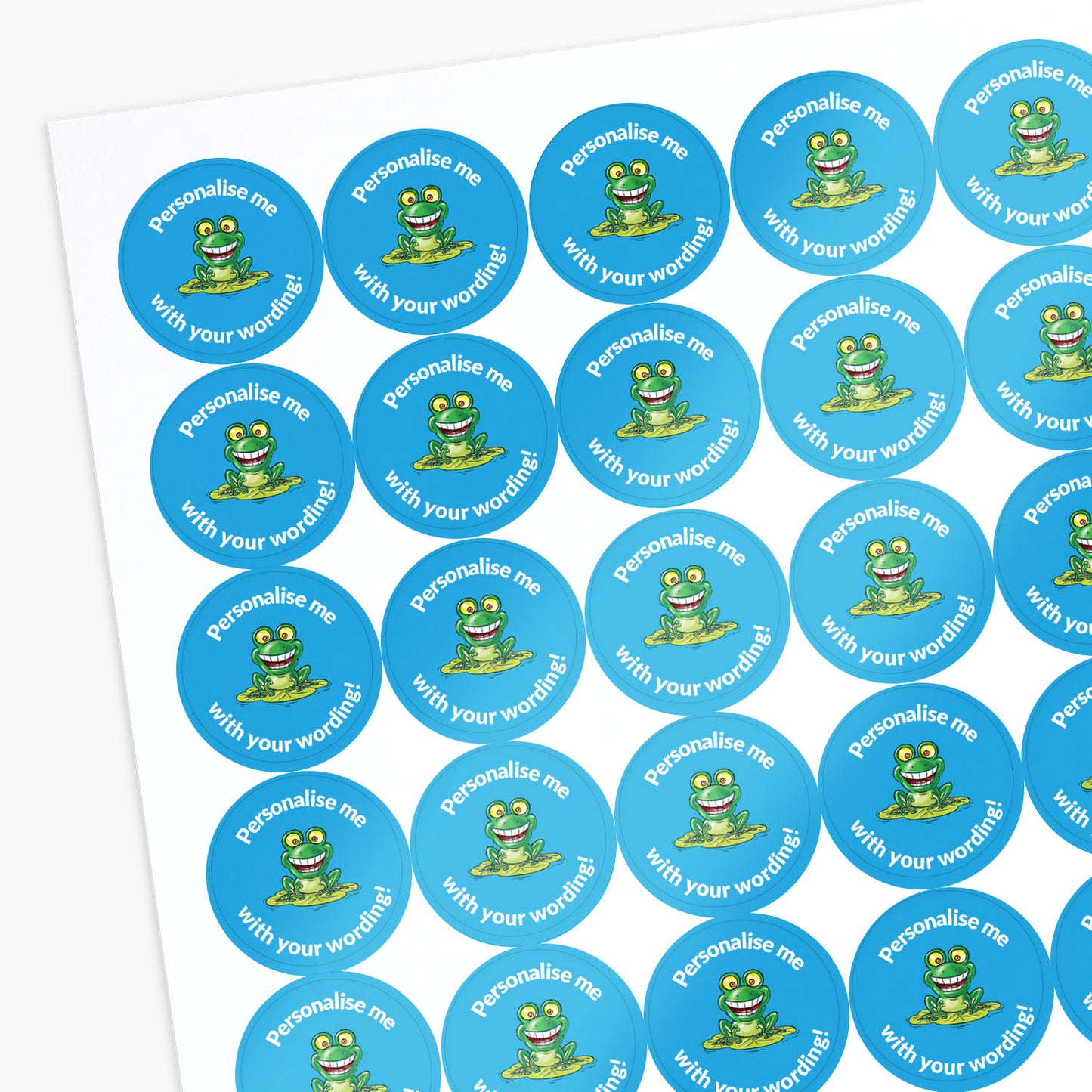 Light blue stickers with a smiling frog as a central image.  Space for personalisation above and below the image.