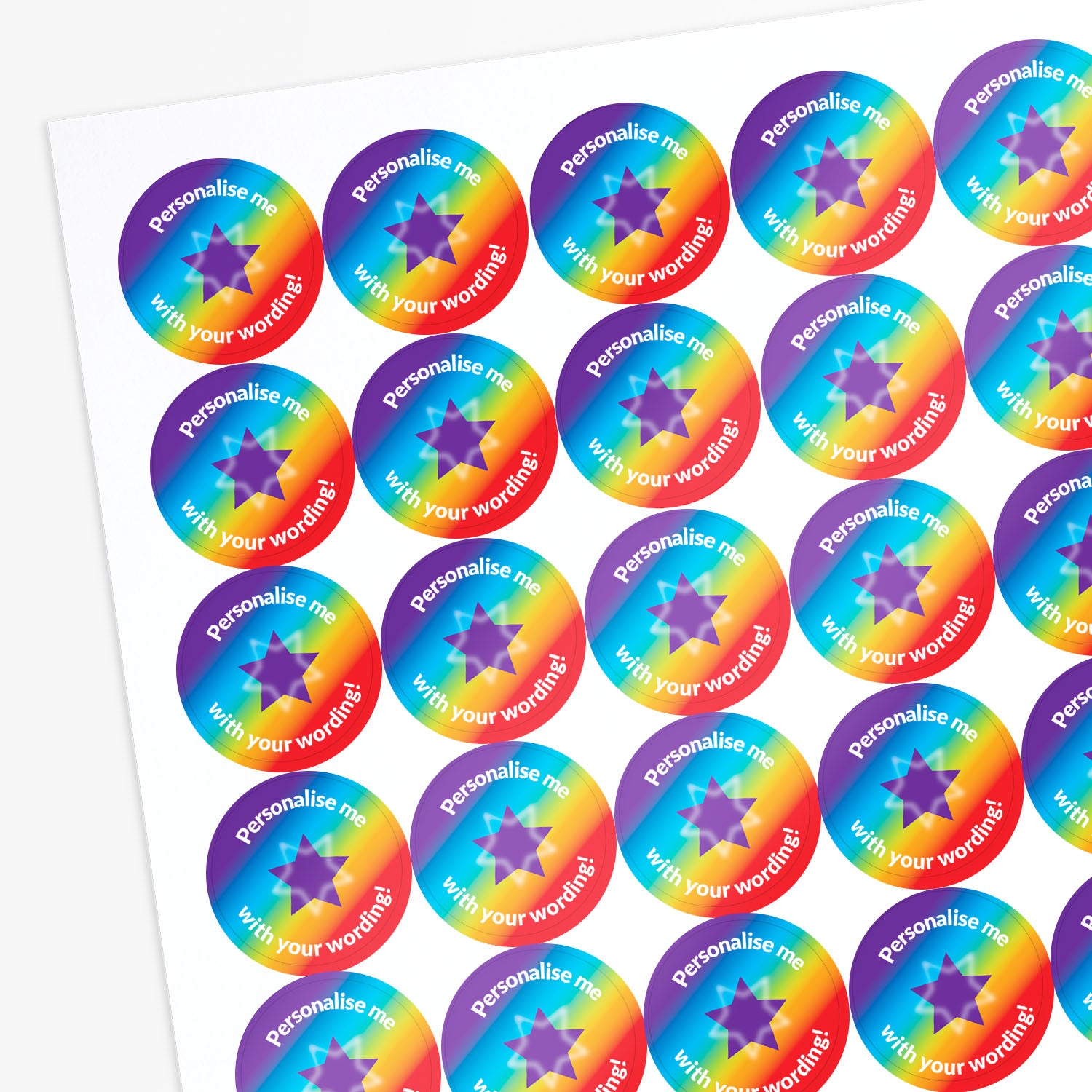 Multicoloured stickers with stars as a central image.  Space for personalisation above and below the image.