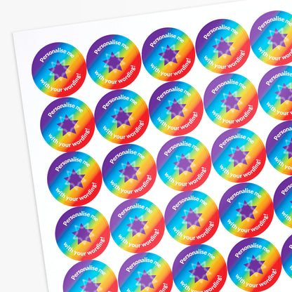 Multicoloured stickers with stars as a central image.  Space for personalisation above and below the image.