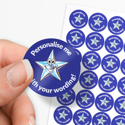 Blue stickers with a smiling silver star as a central image.  Space for personalisation above and below the image.