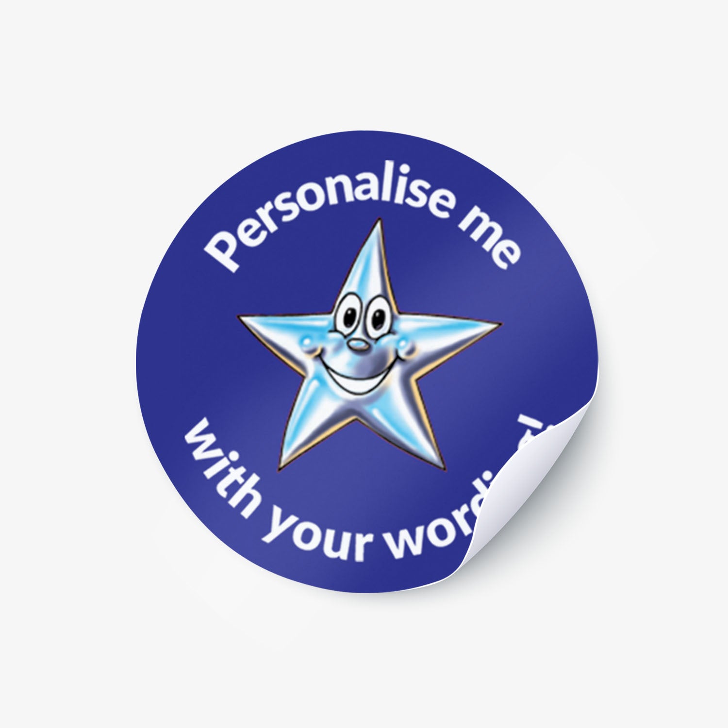 Blue sticker with a smiling silver star as a central image.  Space for personalisation above and below the image.