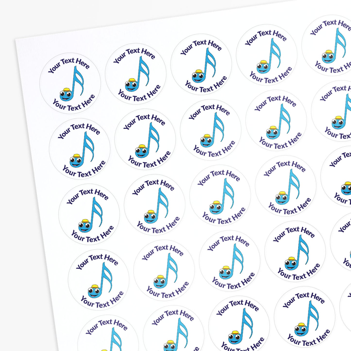 Sheet of personalized stickers with musical notes and customizable text.