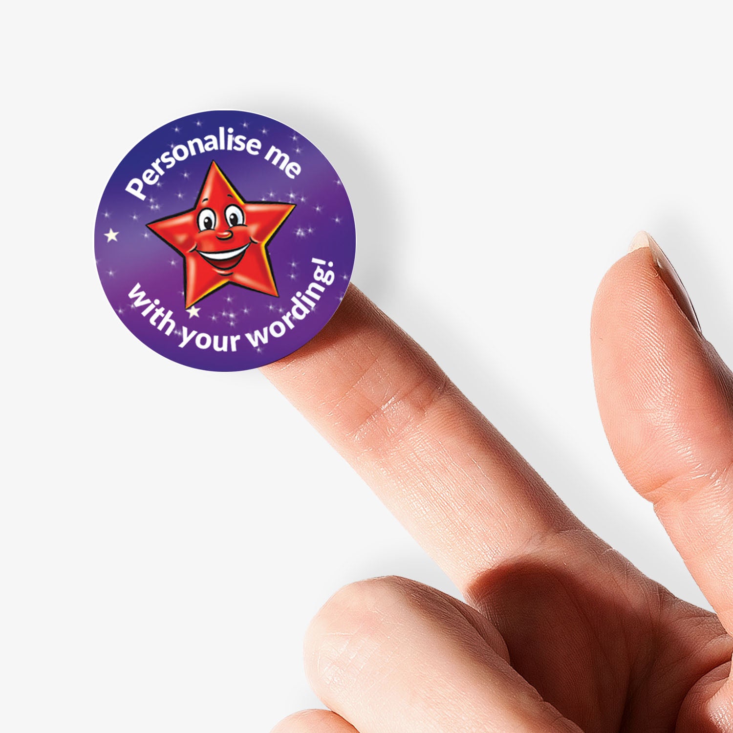 Round purple sticker with a red star and text 'Personalise me with your wording!' held between fingers.