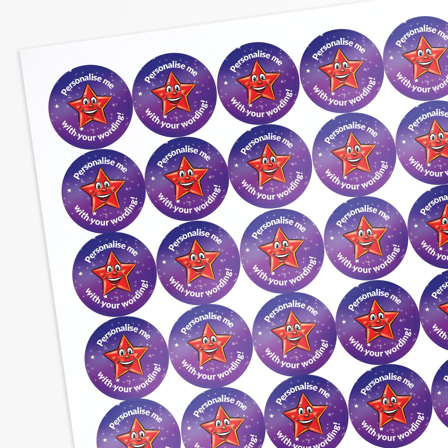 Sheet of personalized star stickers with a purple border and red star design.