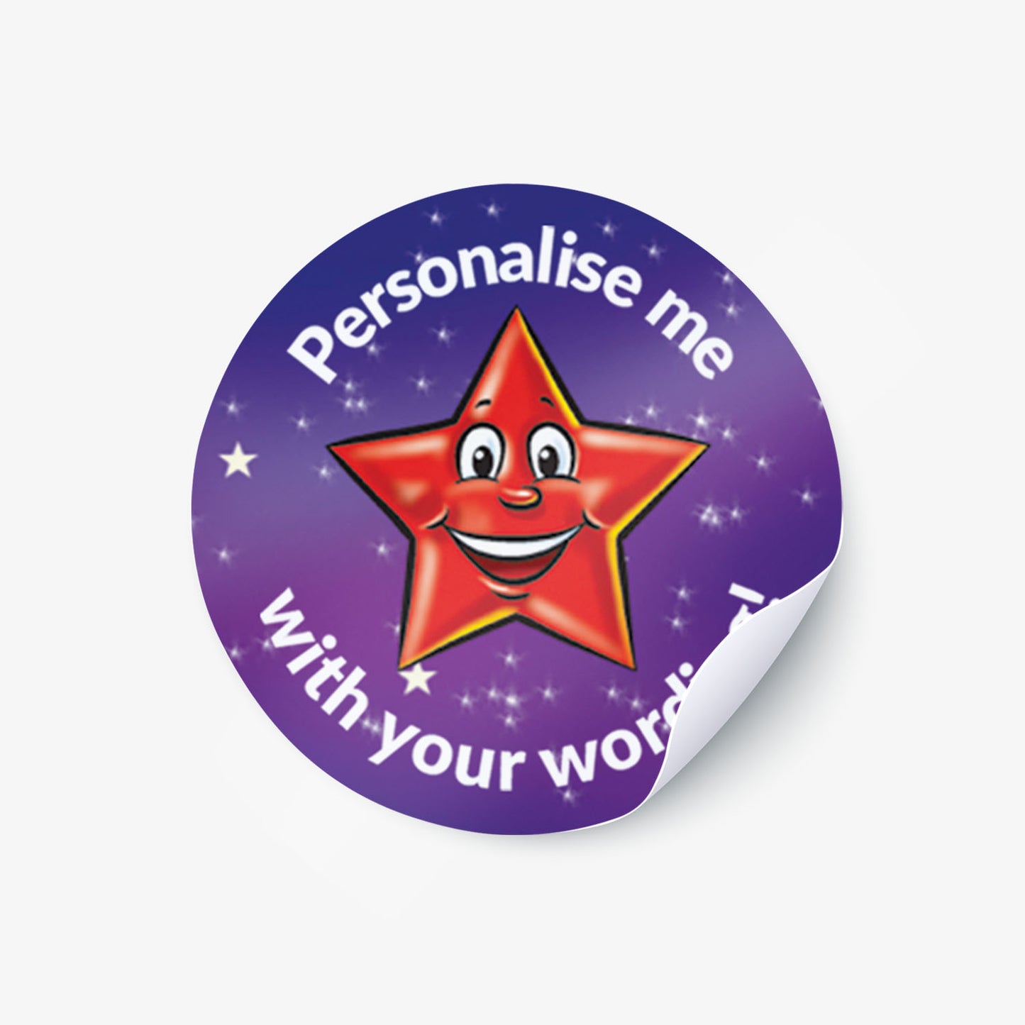 Round purple sticker with a red star and text 'Personalise me with your words' on a white background