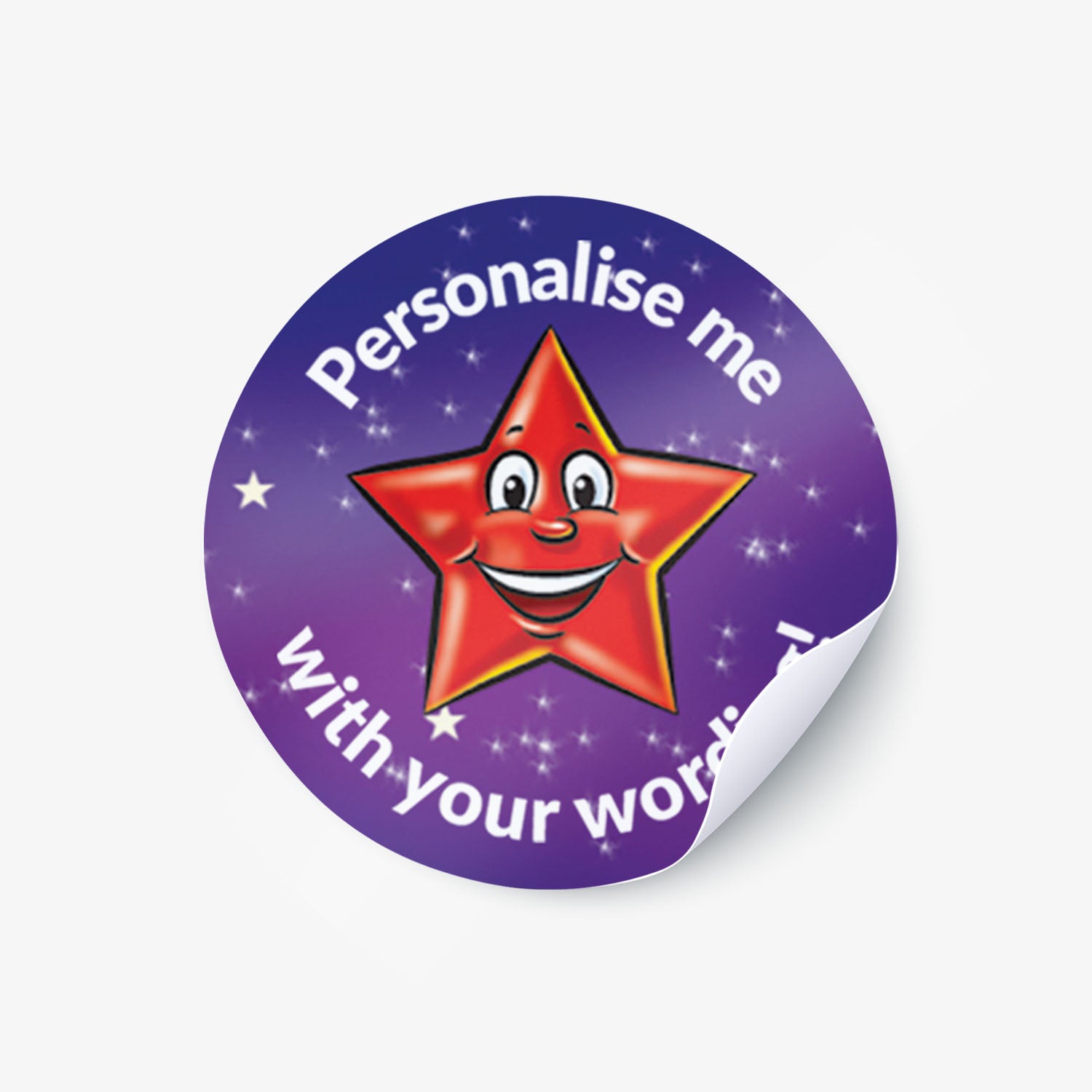 Round purple sticker with a red star and text 'Personalise me with your words' on a white background