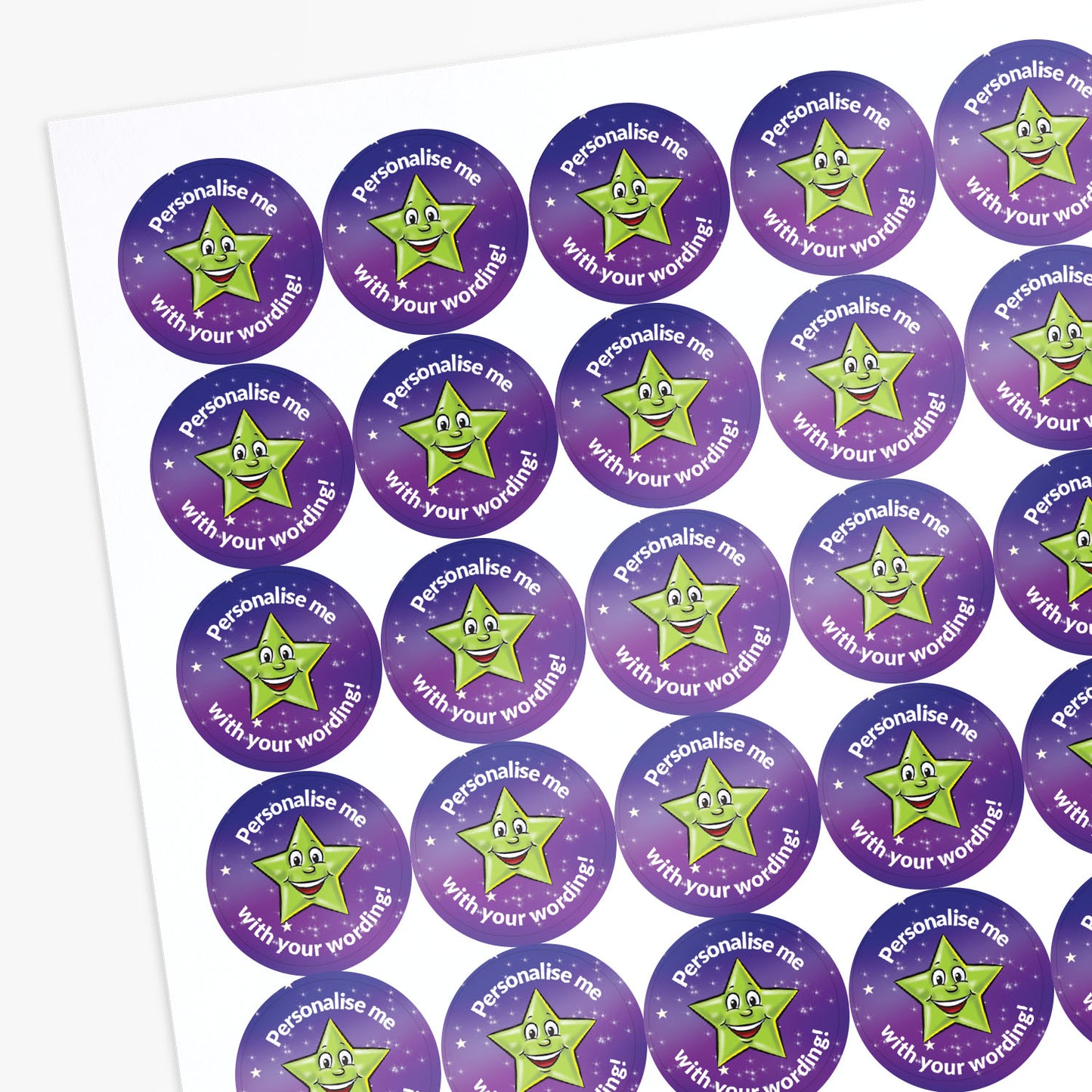 Sheet of circular stickers with a cartoon star and text on a white background
