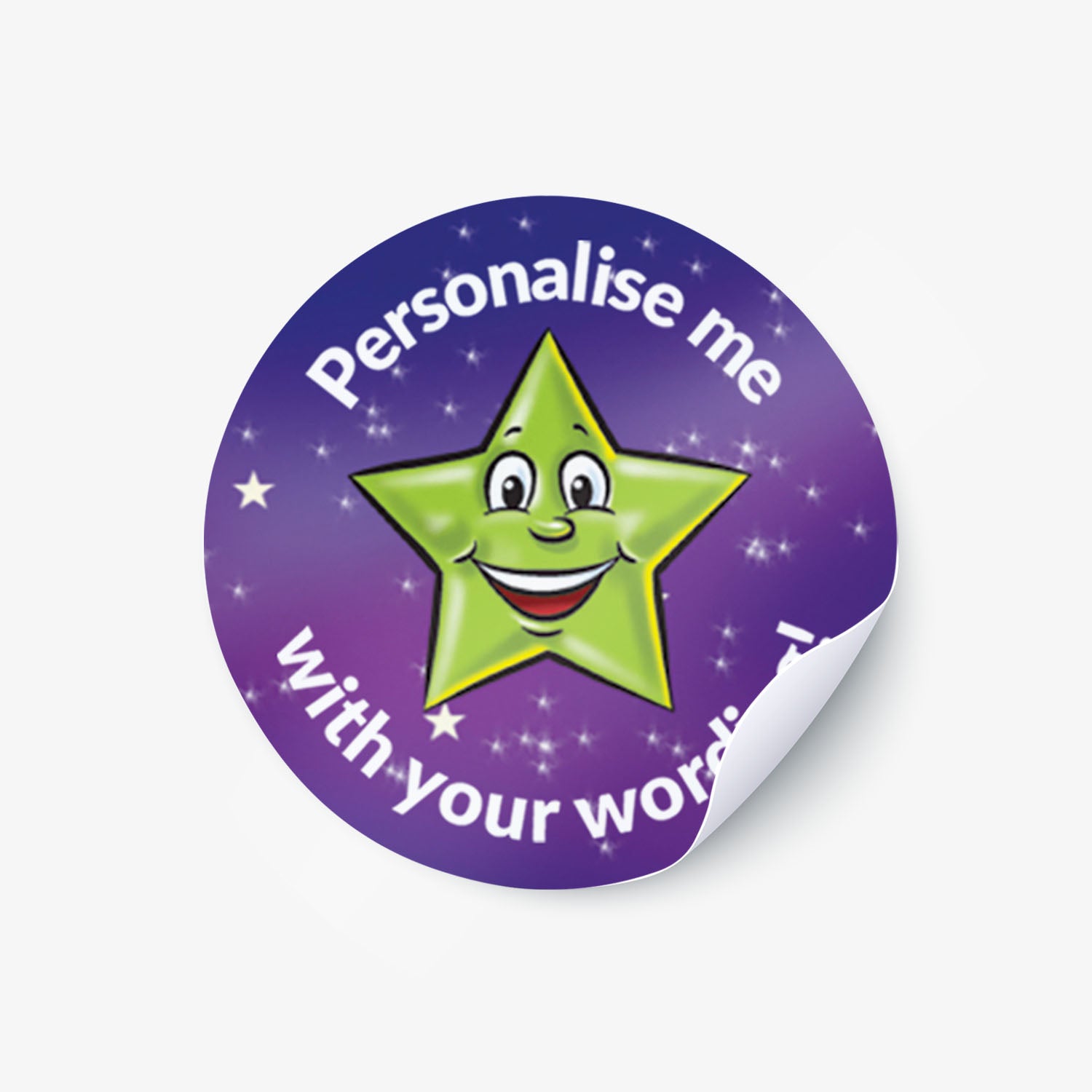 Single circular purple stickers with a cartoon star and text on a white background