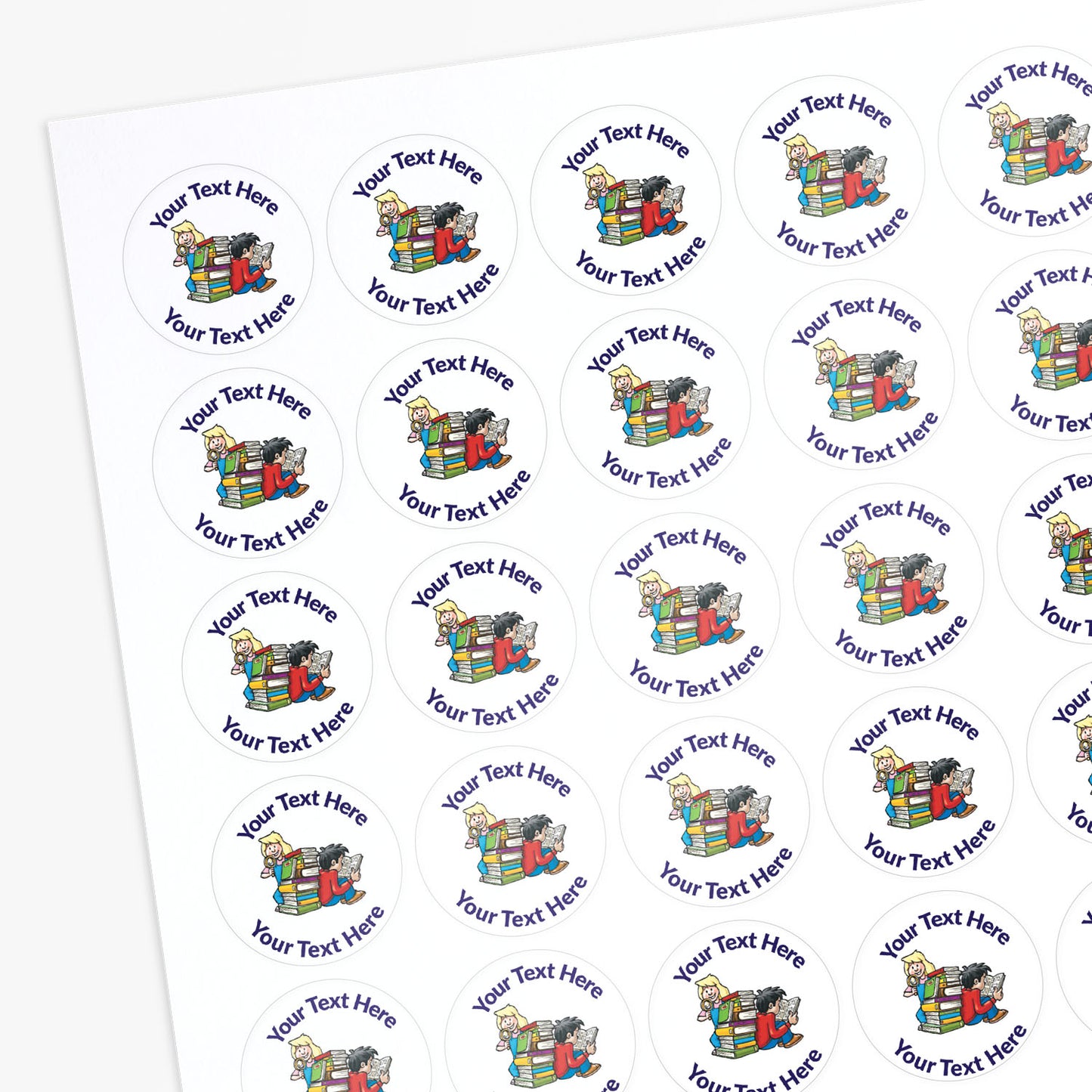 Sheet of circular stickers with a children and books image and text on a white background