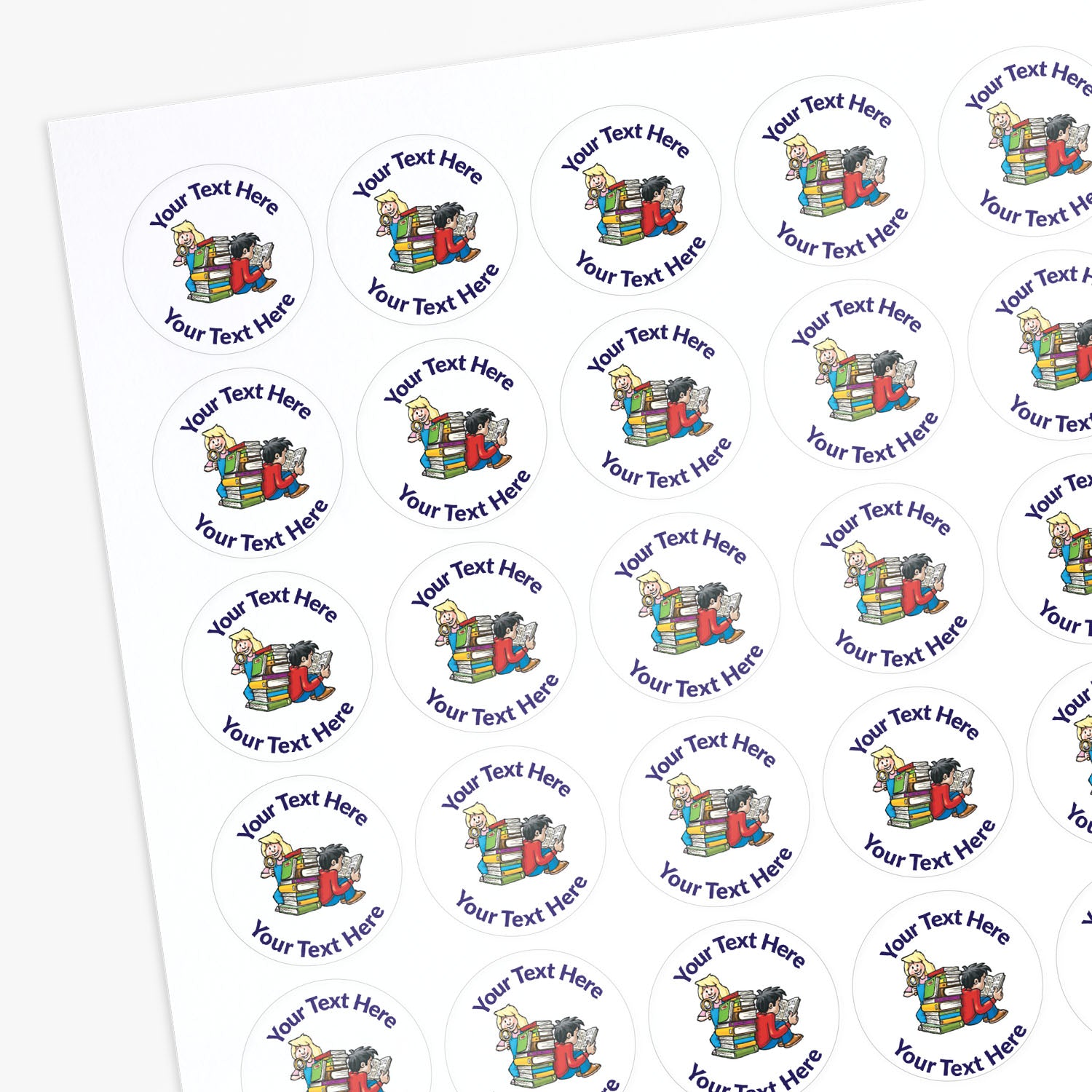 Sheet of circular stickers with a children and books image and text on a white background