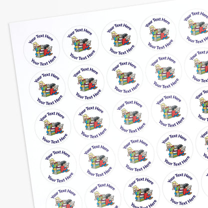 Sheet of circular stickers with a children and books image and text on a white background