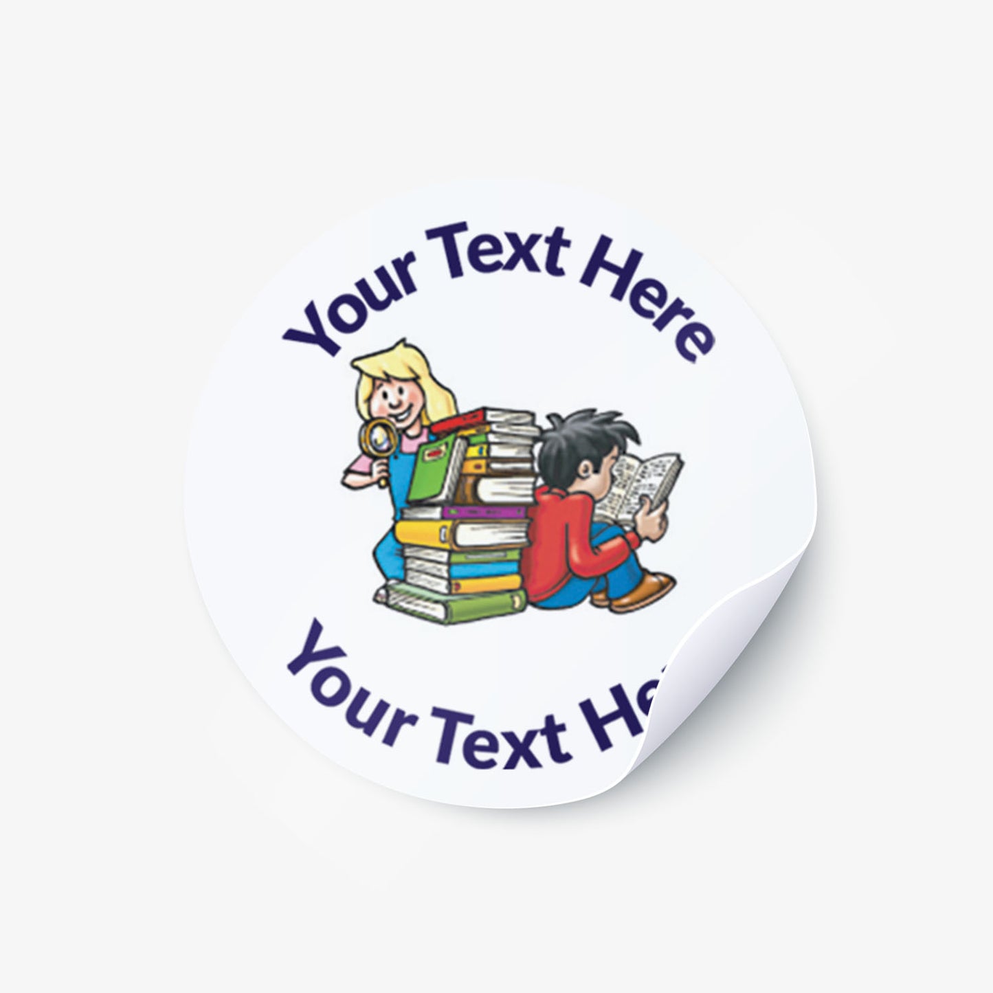 Circular sticker with a children and books image and text on a white background. 