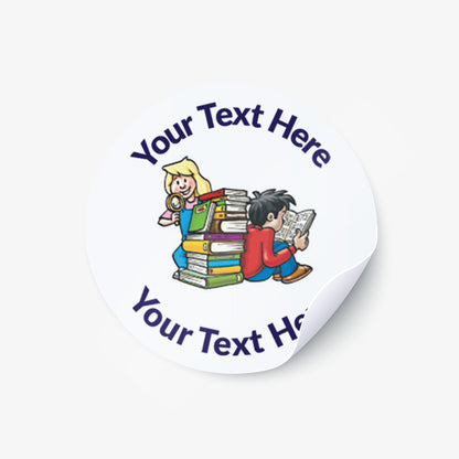 Circular sticker with a children and books image and text on a white background. 