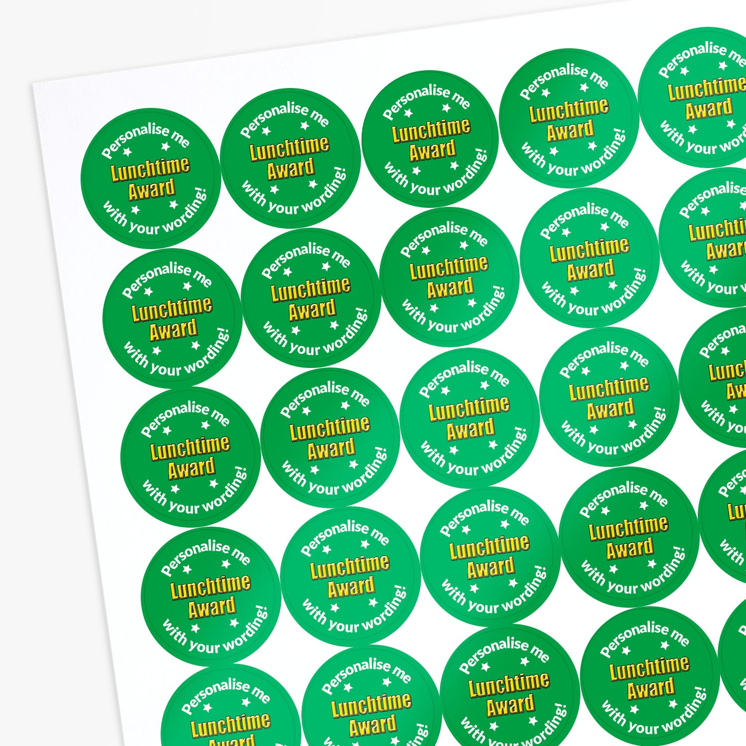 Sheet of circular stickers with a Lunchtime Award and text on a white background
