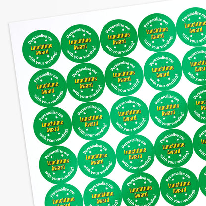 Sheet of circular stickers with a Lunchtime Award and text on a white background
