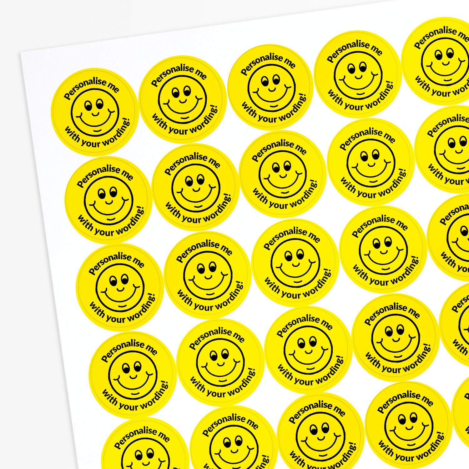 Sheet of circular stickers with a smiley face and text on a white background

