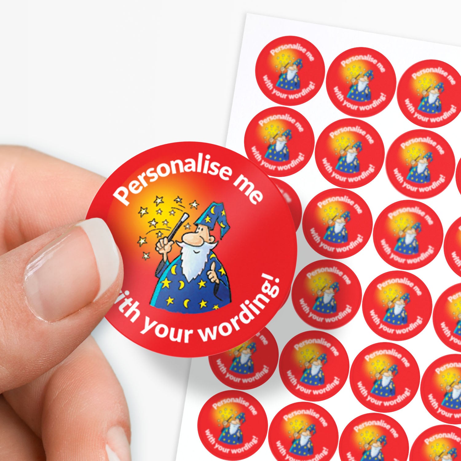 Red stickers with a smiling wizard and wand as a central image.  'Personalise me with your wording!' 