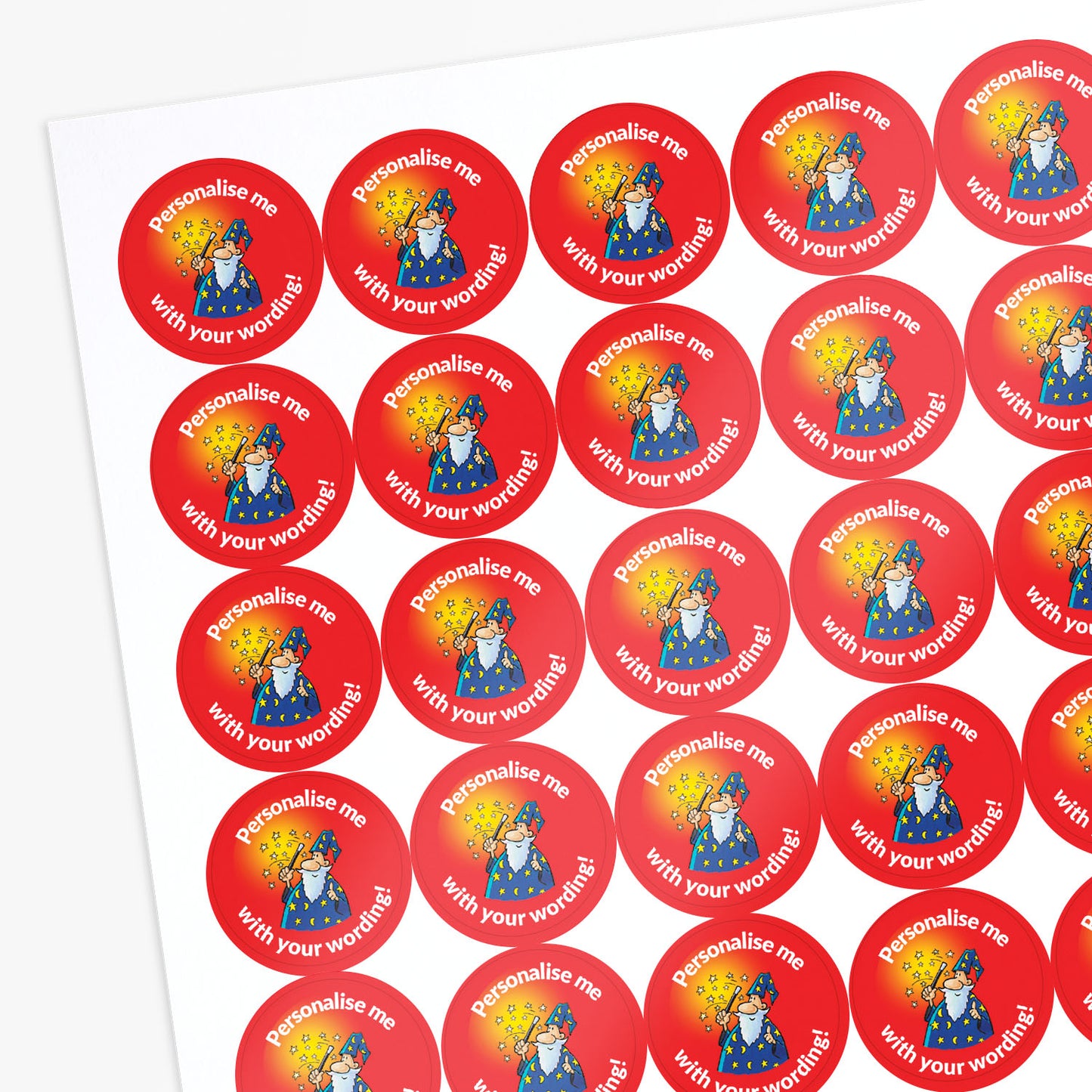 Sheet of red stickers with cartoon wizard characters and text on a white background