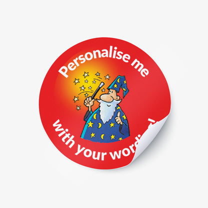 Red sticker with a smiling wizard and wand as a central image.  'Personalise me with your wording!' 