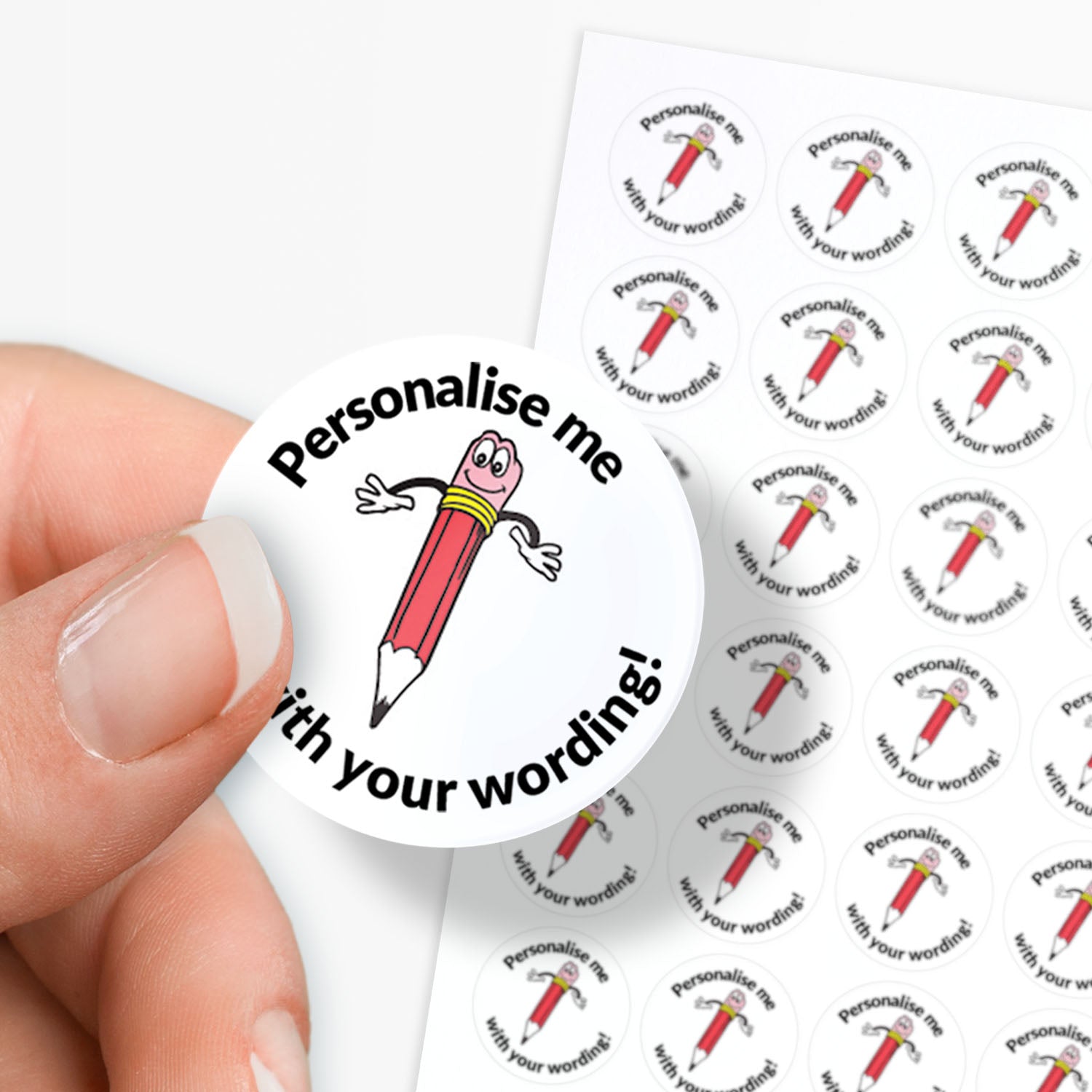 White stickers with a smiling red pencil as a central image.  'Personalise me with your wording!' 