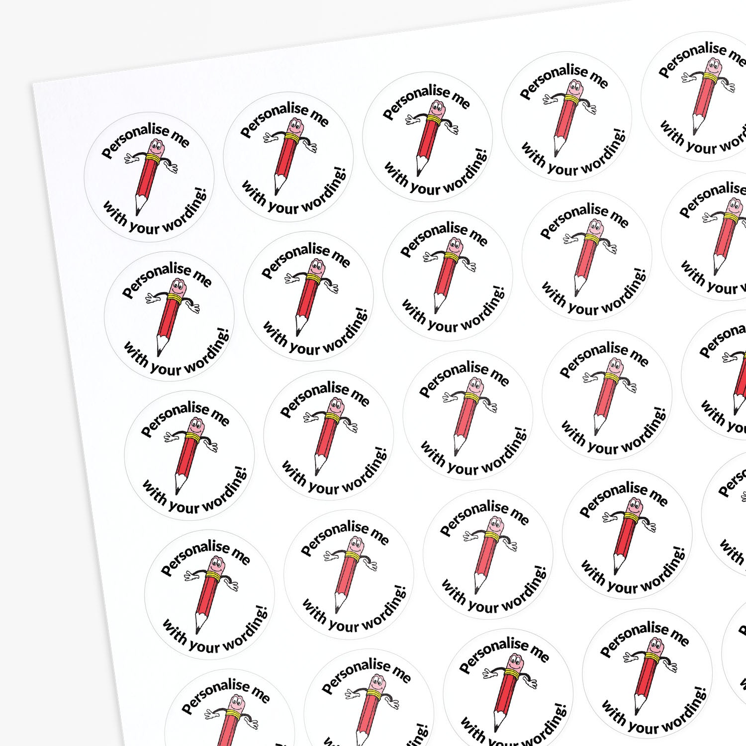White stickers with a smiling red pencil as a central image.  'Personalise me with your wording!' 