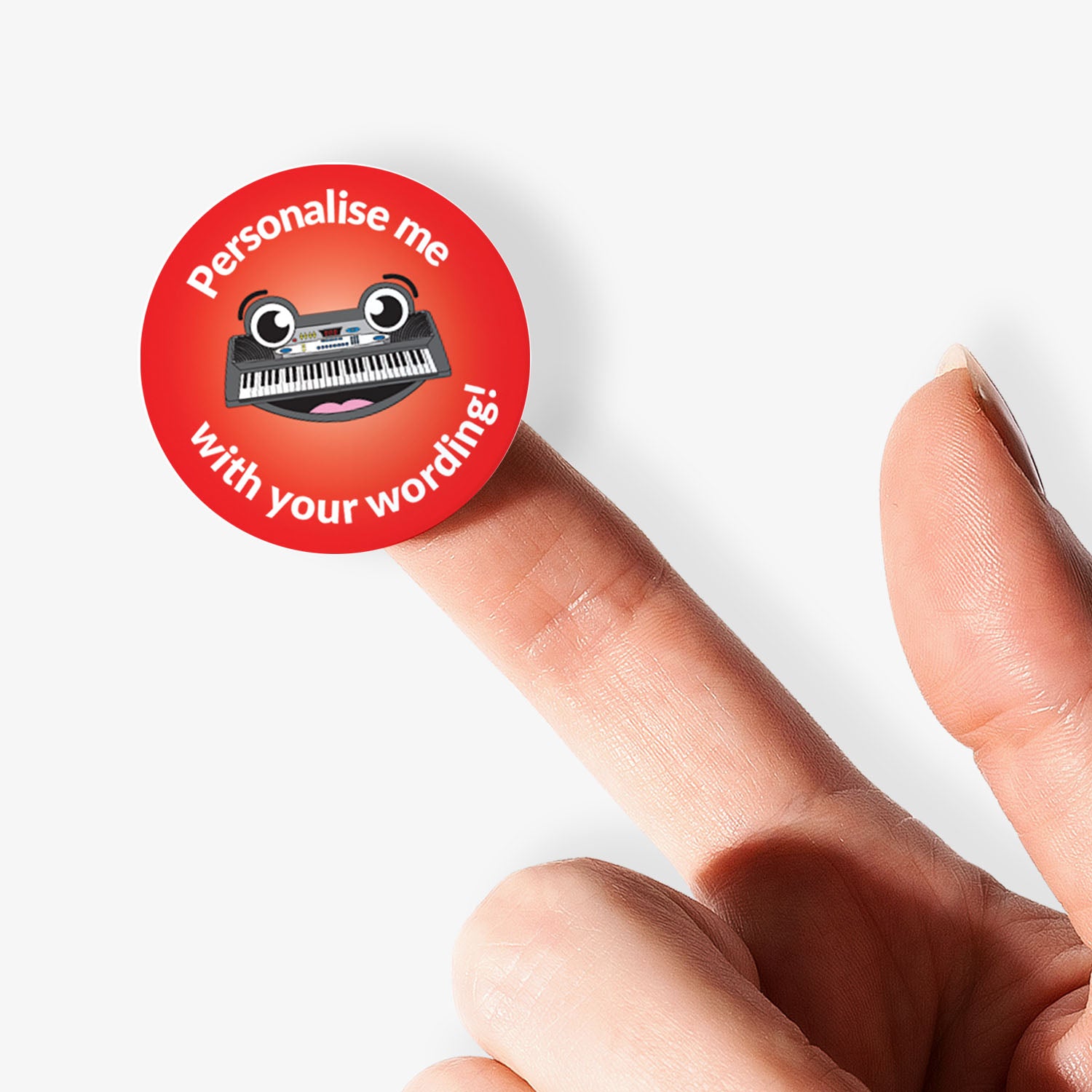 Red sticker on a finger with a smiling piano keyboard as a central image.  'Personalise me with your wording!' 