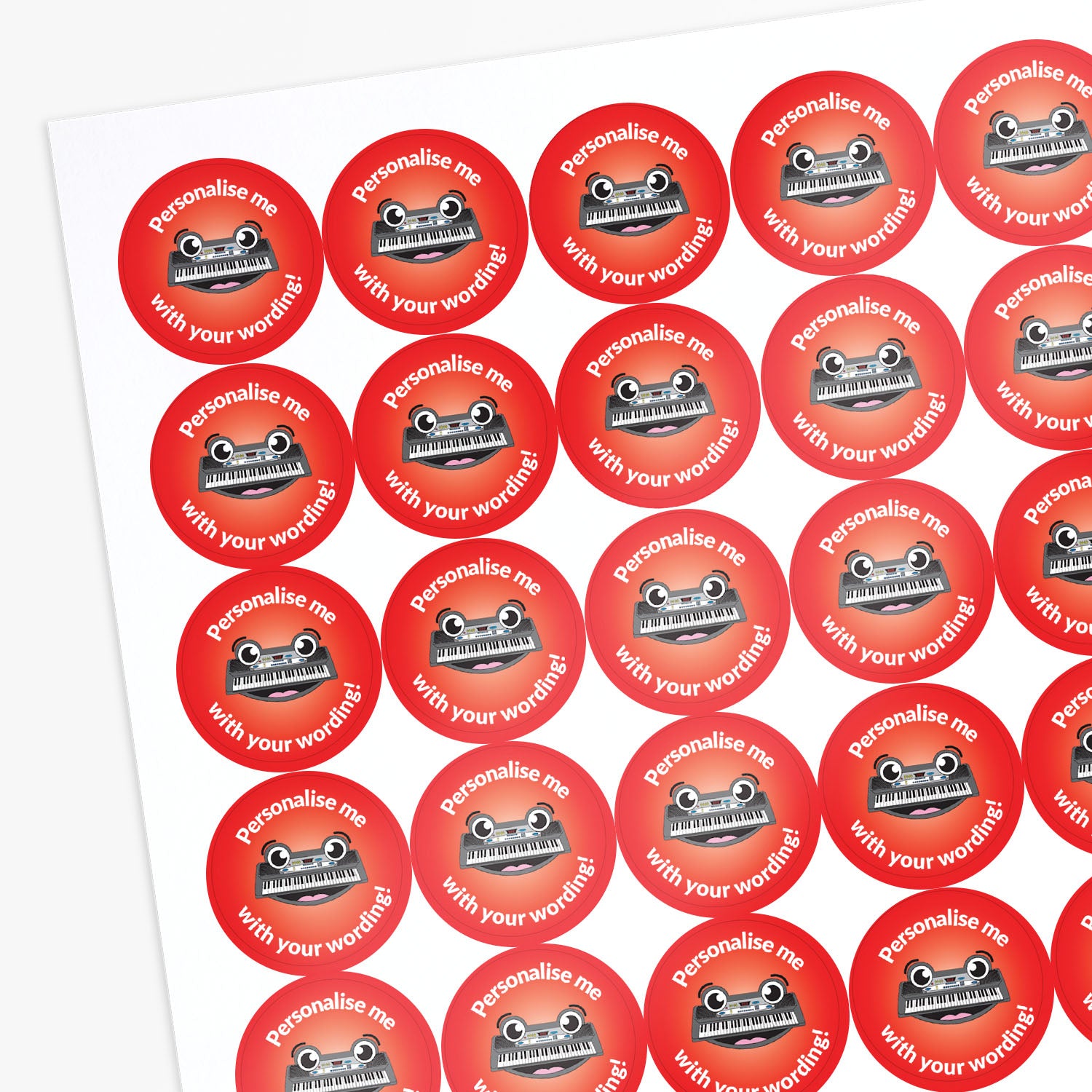 Red stickers with a smiling piano keyboard as a central image.  'Personalise me with your wording!' 