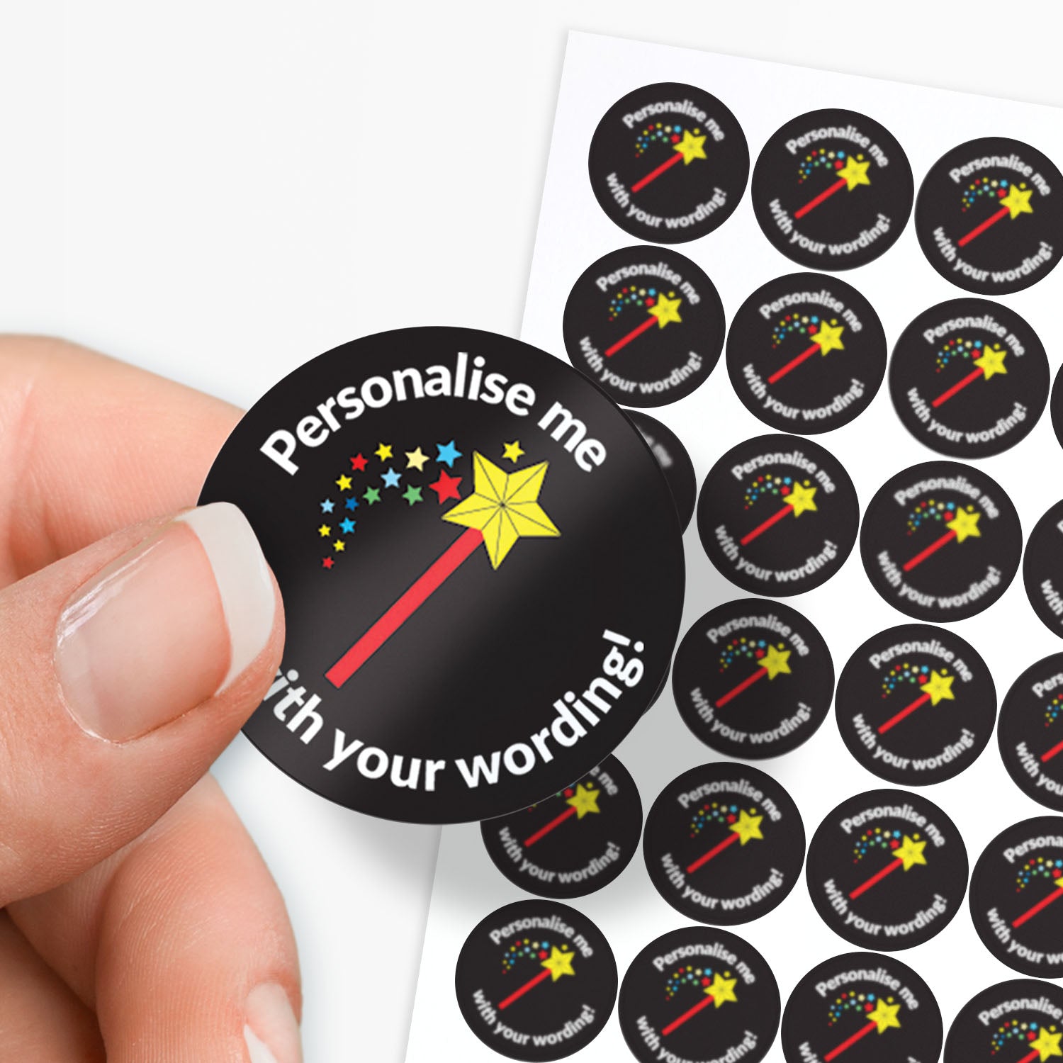 Black stickers with a wand emitting starts as a central image.  'Personalise me with your wording!' surrounds the image.