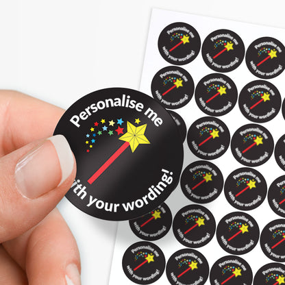 Black stickers with a wand emitting starts as a central image.  'Personalise me with your wording!' surrounds the image.