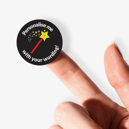 Black sticker on a finger with a wand emitting starts as a central image.  'Personalise me with your wording!' surrounds the image.