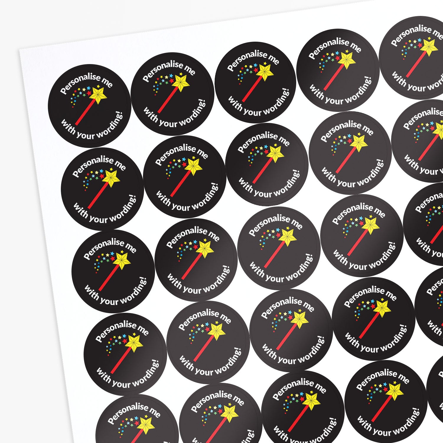 Black stickers with a wand emitting starts as a central image.  'Personalise me with your wording!' surrounds the image.