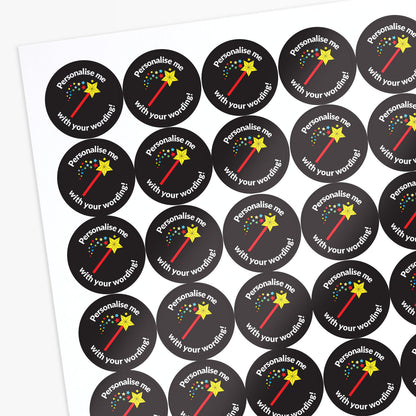 Black stickers with a wand emitting starts as a central image.  'Personalise me with your wording!' surrounds the image.