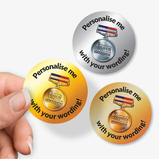 Three customizable award buttons with text 'Personalise me with your wording!' on a white background.
