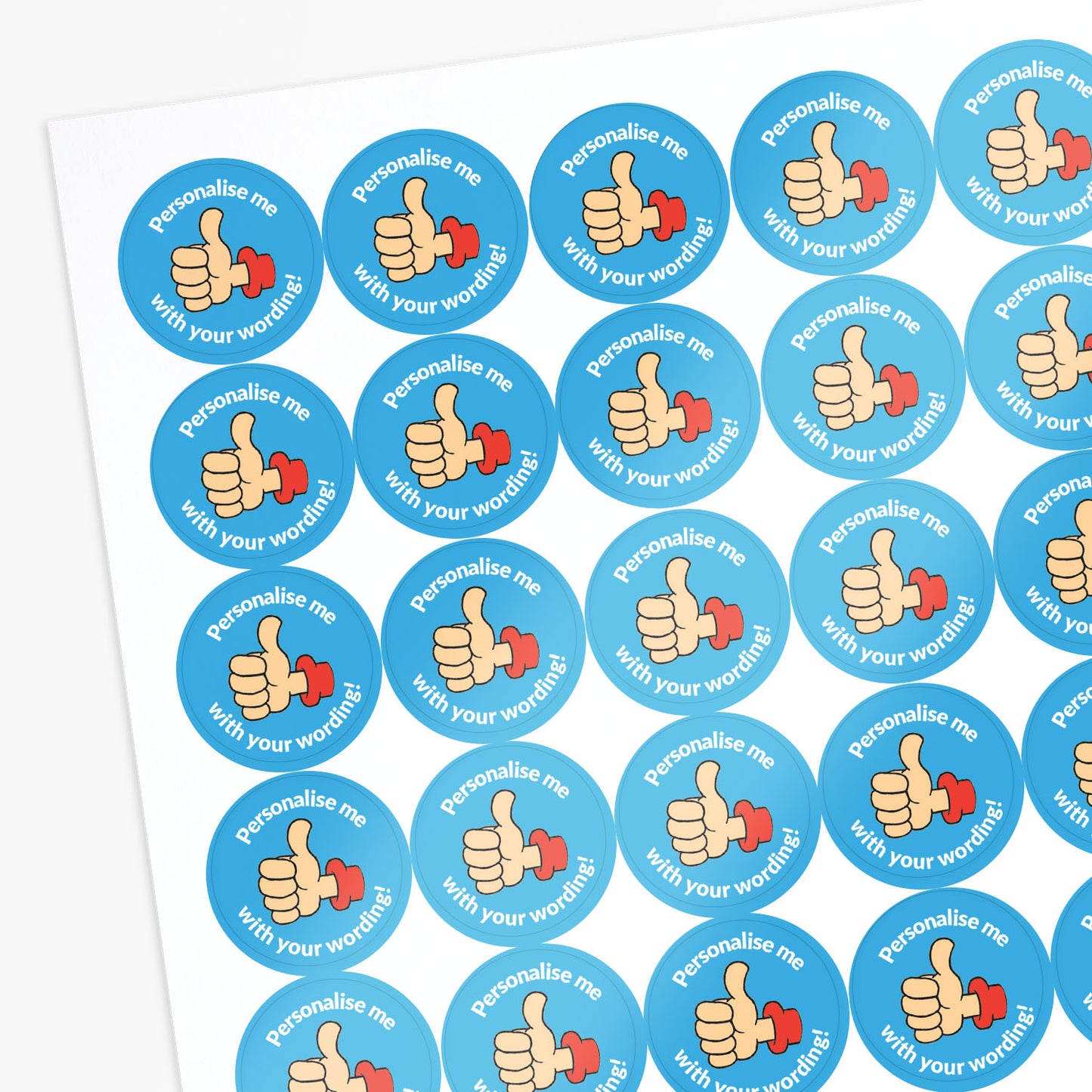 Blue stickers with a thumbs up as a central image.  'Personalise me with your wording!' surrounds the image.