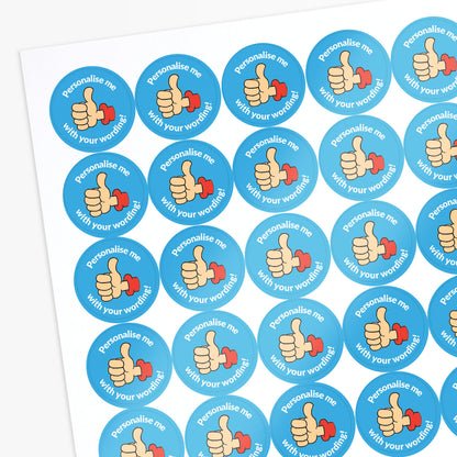 Blue stickers with a thumbs up as a central image.  'Personalise me with your wording!' surrounds the image.