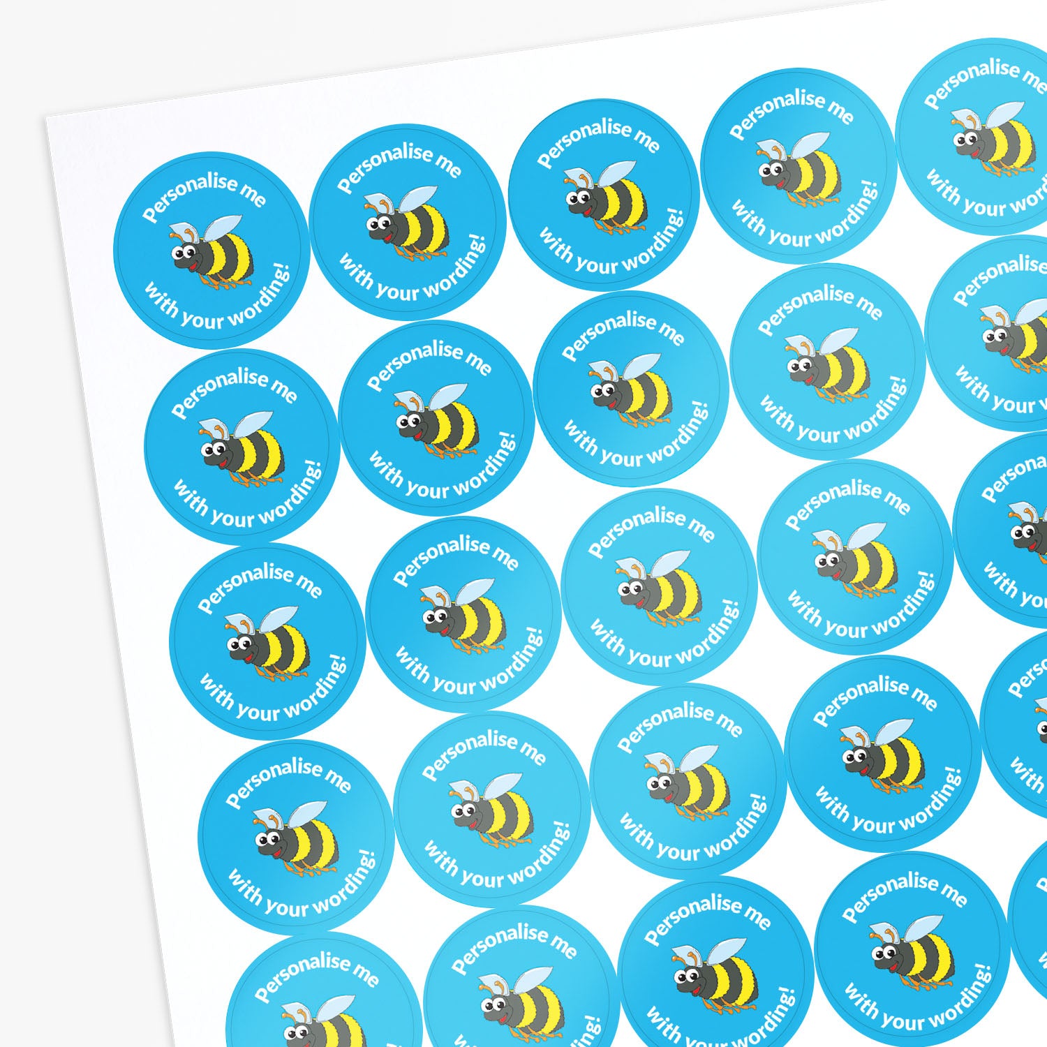 Sheet of blue stickers with bee graphics and text on a white background