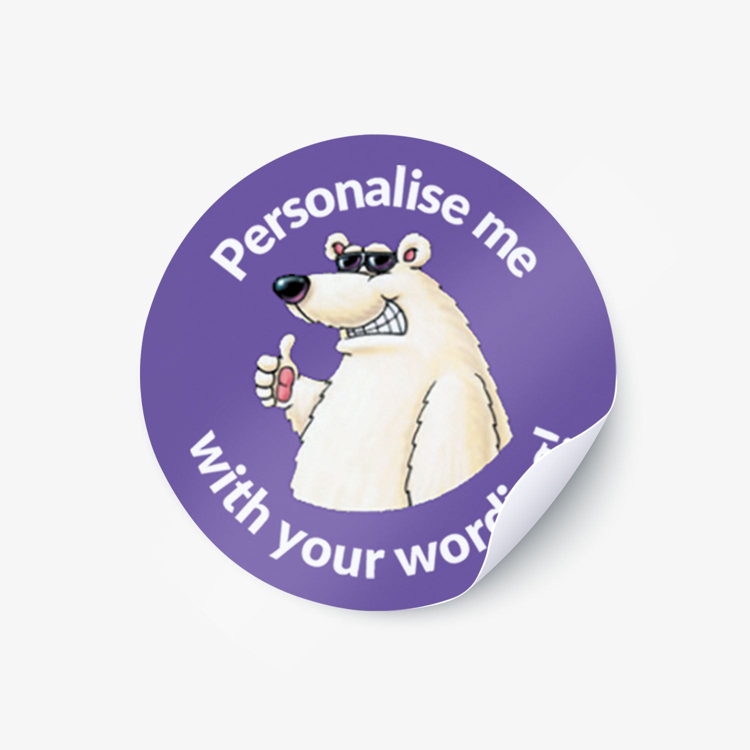 Purple sticker with a polar bear as a central image.  'Personalise me with your wording!' surrounds the image.