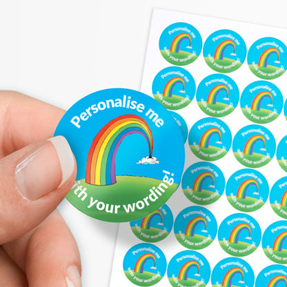 Stickers with a rainbow  as a central image.  'Personalise me with your wording!' surrounds the image.