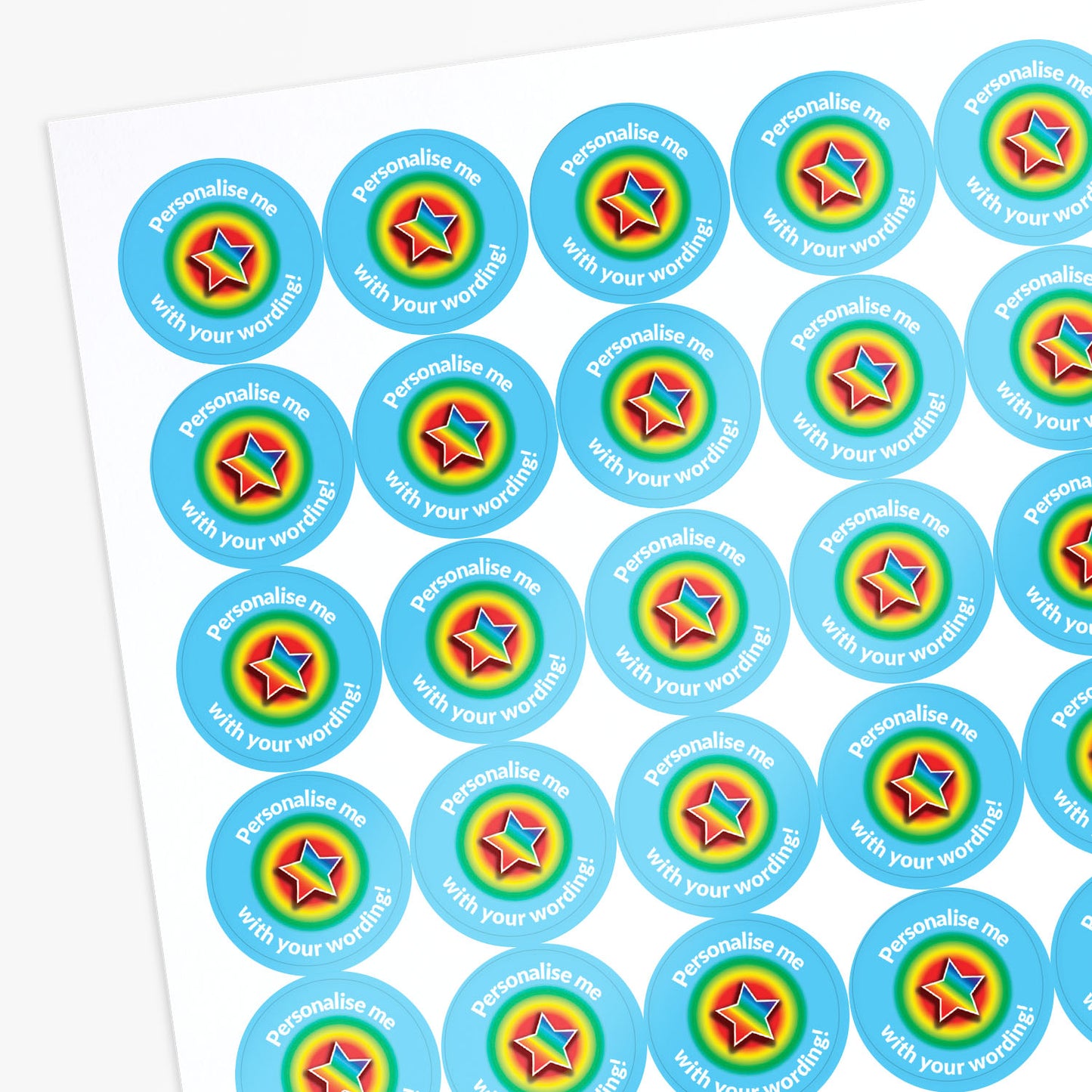 Aqua stickers with a rainbow coloured star as a central image.  'Personalise me with your wording!' surrounds the image.